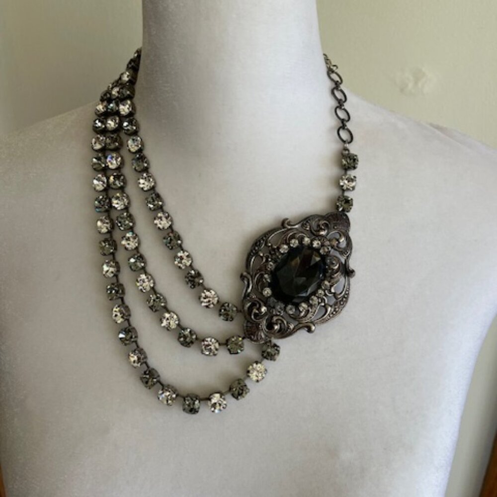 VINTAGE 3 Strand Smoky Gray Clear Crystals Silver Filigree Medallion Necklace